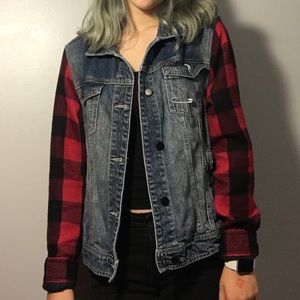 jean jacket with plaid sleeves